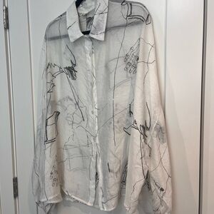 Yang Yang Jia Sheer Abstract Art Print Button-Down Blouse | Oversized
